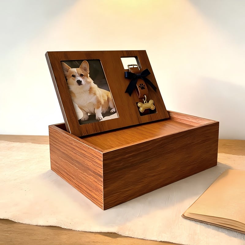 The Keepsake Urn, a wooden urn with a photo frame, on a soft rug